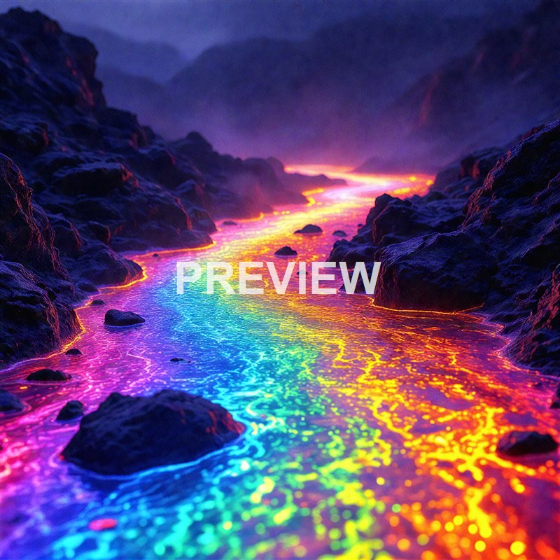 A river with glowing, rainbow-colored water flowing through a dark, mountainous landscape under a misty sky.